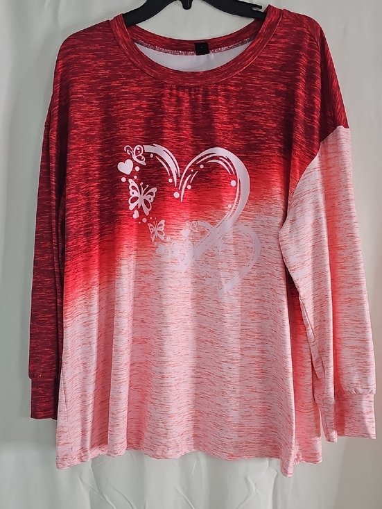 SHEIN Tops - SHEIN Red Ombre Long Sleeve Tee with Heart Graphic